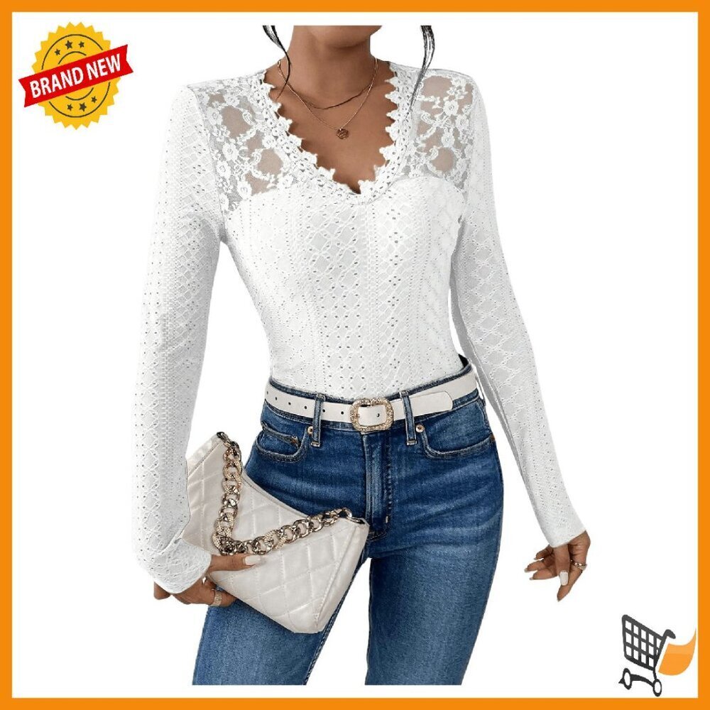 Women's Long Sleeve V-Neck Lace Trim Slim Fit Tee Shirt